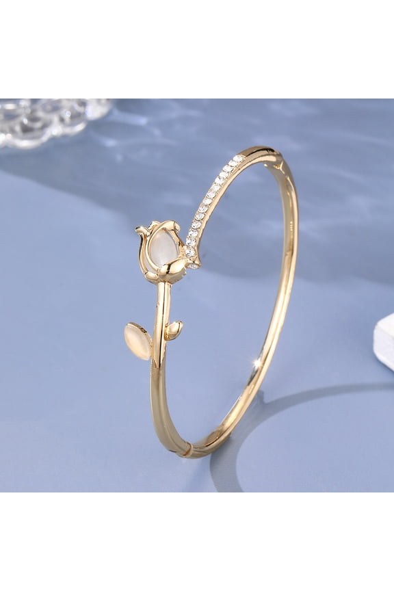 Elegant Opal Stone Zircon Tulip Cuff 14K Yellow Gold Bangle for Women Light Luxury Rose Flower Bangles Wedding Jewelry Gifts