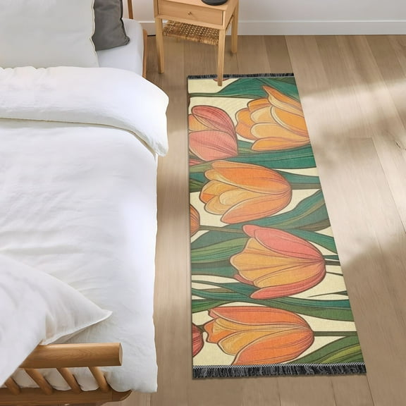 Elegant Orange Flowers Bedroom Runner Rug 2'x 6' Non Slip Carpet Indoor Home Area Rug Living Room