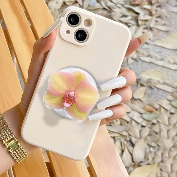 Elegant Orchid Phone Grip, Realistic Yellow Pink Flower Pop Socket, Aesthetic Botanical Phone Holder, Tropical Floral Accessory,Gift for Her