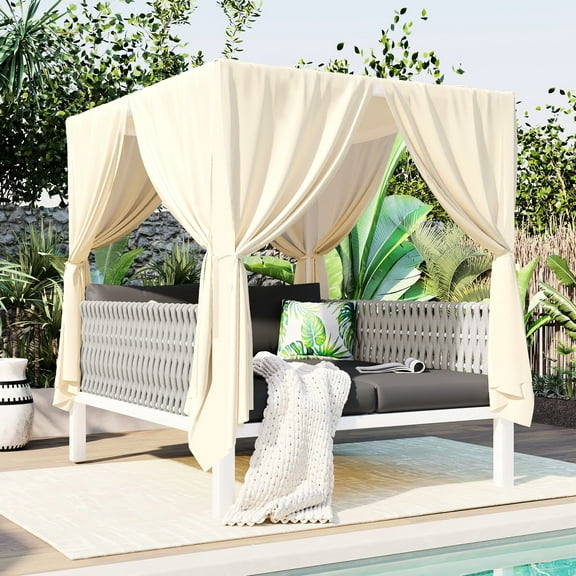 Elegant Outdoor Sunbed - Water- Cushions, Shade Canopy, Gray+beige, 70.9" Height X 57.5" Width Depth, 650lbs Max Load Patio Iron Inner Frame Comfortable Seating Gray Beige 15.7" Seat 3.9" Cushion