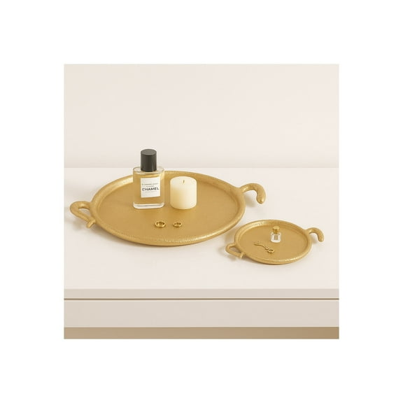 Elegant Oval Ottoman Tray and Decorative Tray Set with Intricately Sculpted Handles - Coffee Table Tray, Accent Tray, and Display Trays for Stylish Home Decor Organization - Set of 2, 19", Gold