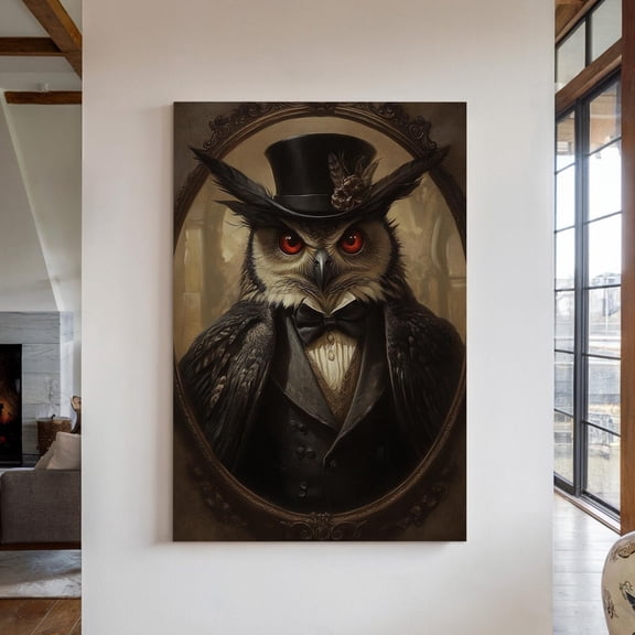 Elegant Owl Portrait In Vintage Frame - Whimsical Steampunk Animal Art Wall Art, Modern Wall Decor, 8x12 UNFRAMED