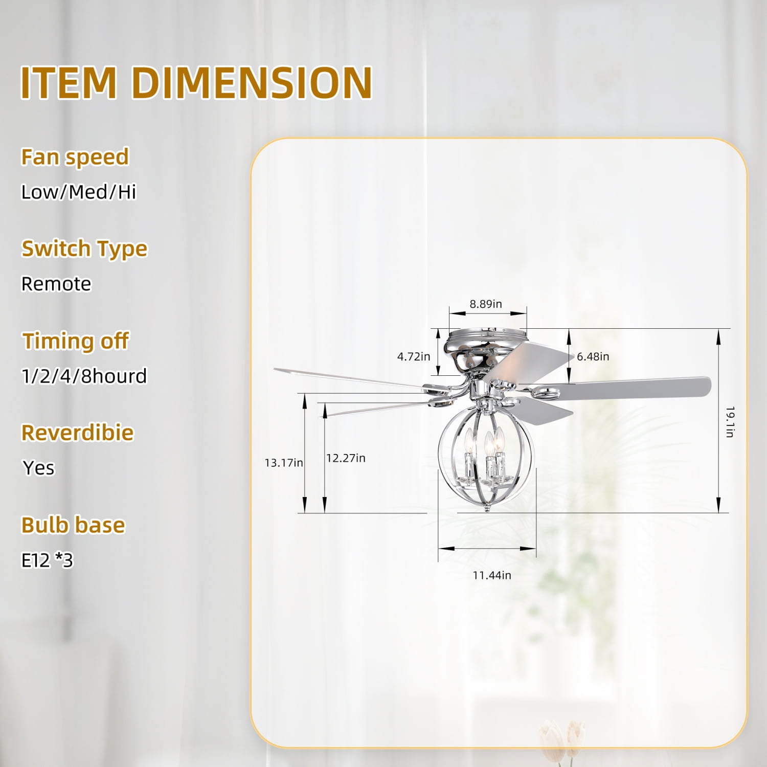 Elegant PINGCNG Chrome 52inch Remote Controlled Ceiling Fan with 3