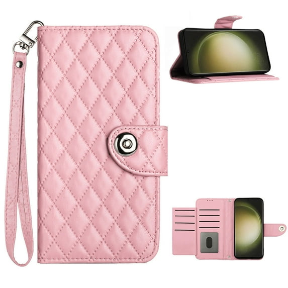 Elegant PU Leather Wallet Case for Samsung Galaxy A34 5G with Wrist Strap, Women Girls Shockproof Kickstand Magnetic Closure Card Slots Rugged Phone Case Cover for Samsung Galaxy A34 5G, Pink