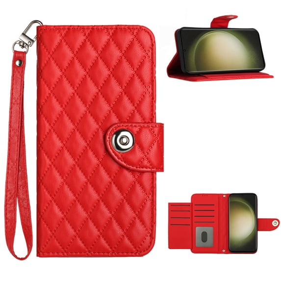 Elegant PU Leather Wallet Case for Samsung Galaxy S24 with Wrist Strap, Women Girls Shockproof Kickstand Magnetic Closure Card Slots Rugged Phone Case Cover for Samsung Galaxy S24, Red
