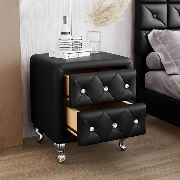 Elegant PU Nightstand with 2 Drawers and Crystal Handle,Fully Assembled Except Legs&Handles,Storage Bedside Table with Metal Legs,Accent Table Side Table Bedroom Furniture (Black)