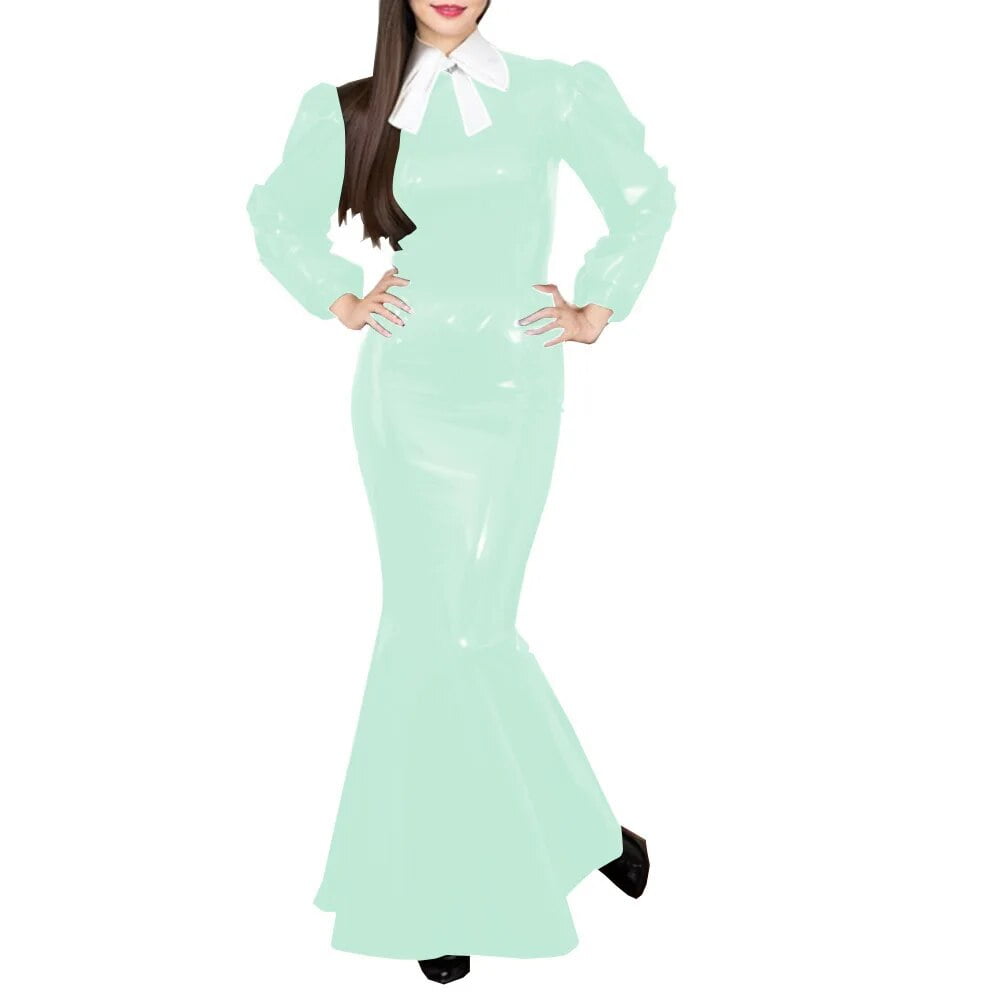 Elegant PVC Wet Look Long Prom Dresses Puff Long Sleeve Glossy Patent ...