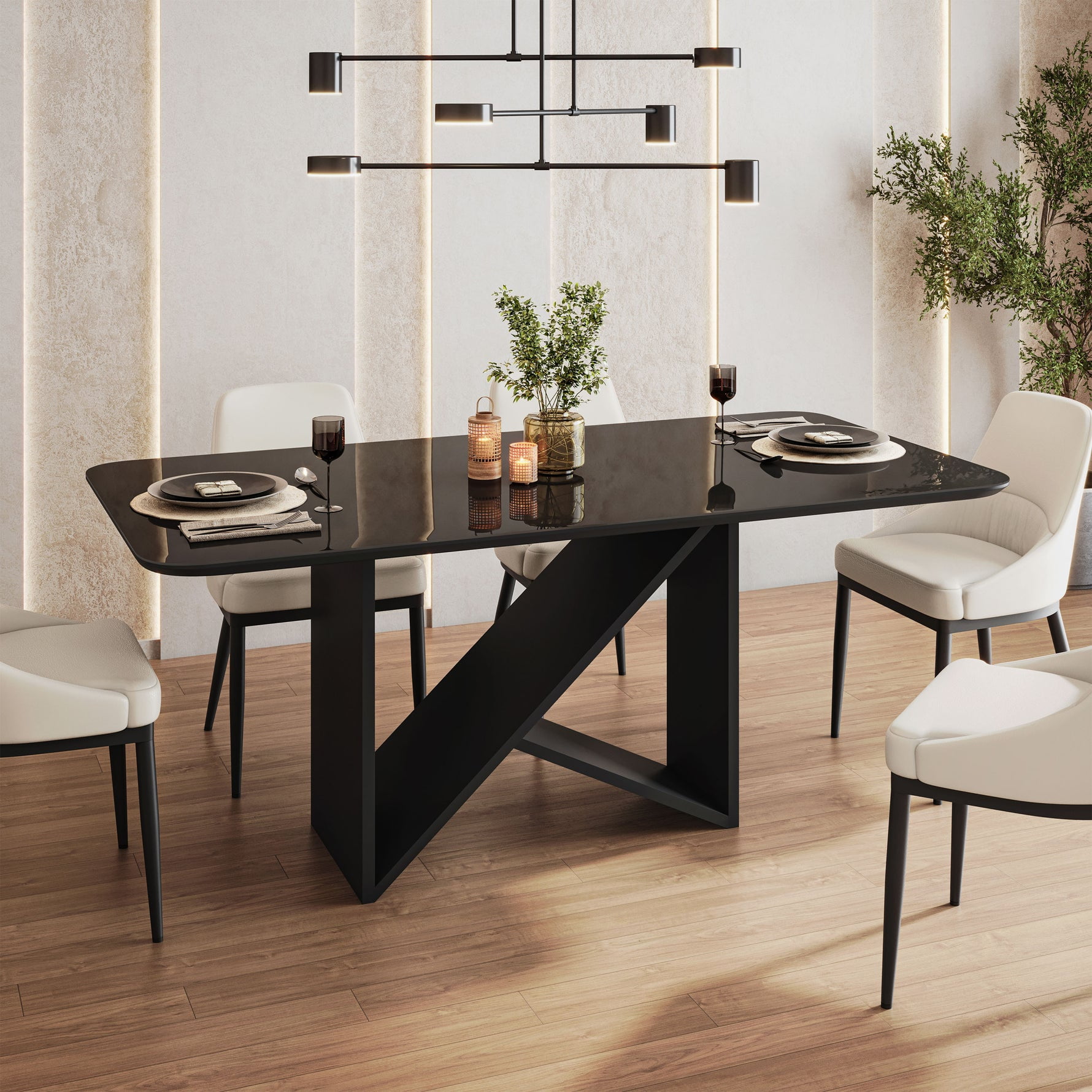 Techni Home Modern 6-Seater Dining Table with Tempered Glass Top and Wood Base, Black - Walmart.com