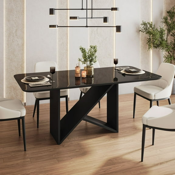 Elegant Painted Glass Dining Table for 6, Italian-Style 6-Seater Dining Table with Tempered Glass Top and Elegant Wood Base, Modern and Sophisticated Design for Dining Rooms, Black