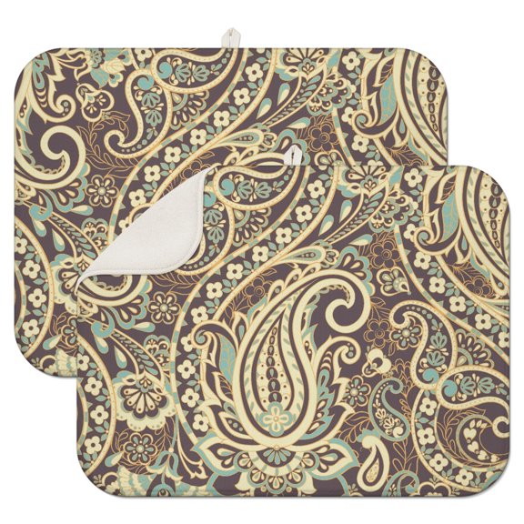 Elegant Paisley Boho Coffee Mat – Fast Drying Microfiber Spill Mat, Scratch Resistant Dish Drying Pad for Kitchen Countertops, Reversible Design