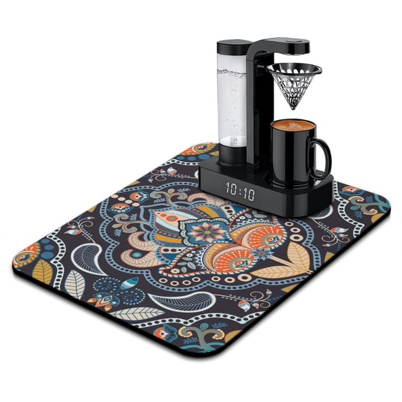 Elegant Paisley Pattern Dish Drying Mat, Colorful Vibrant Absorbent Coffee Bar Mat, Ethnic Floral Kitchen Counter Protector