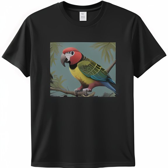 Elegant Parrot Perched on Branch Black TShirt Vibrant Audubon Style Illustration