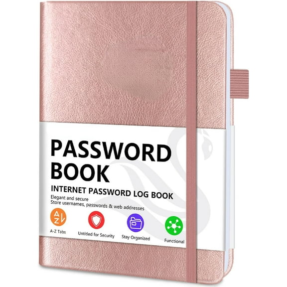 Elegant Password Book with Alphabetical Tabs - Hardcover Password Book for Internet Website Address Login - 5.2" x 7.6" Password Keeper and Organizer w/Notes Section & Back Pocket (Rose Gold)