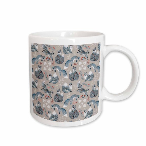 3drose, Elegant Pattern of Silver Foxes, White and Gray Plants, Red Berries, 15oz Mug