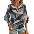 thumbnail image 1 of Elegant Peach Leaf Pattern Women's V-Neck Blouse With 3/4 Ruffled Bell Sleeves Casual Top Ladies Blouses, 1 of 7