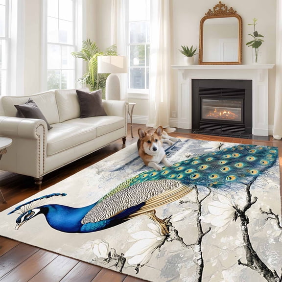 Elegant Peacock Area Rug 5x8 FT, Non Slip Bedroom Throw Carpet, Vintage Attic Magnificent Feathers Washable Soft Floor Carpet Non-Shedding Rug for Living Room Nursery Dorm Office