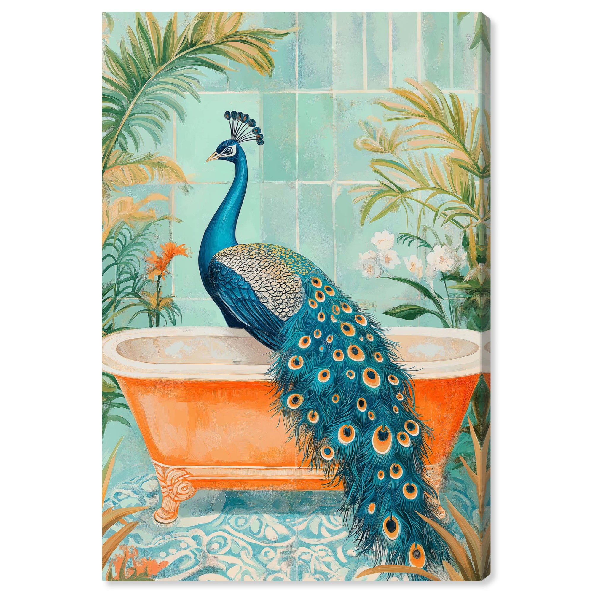 Elegant Blue and Orange Peacock Canvas Art, 16" x 24"