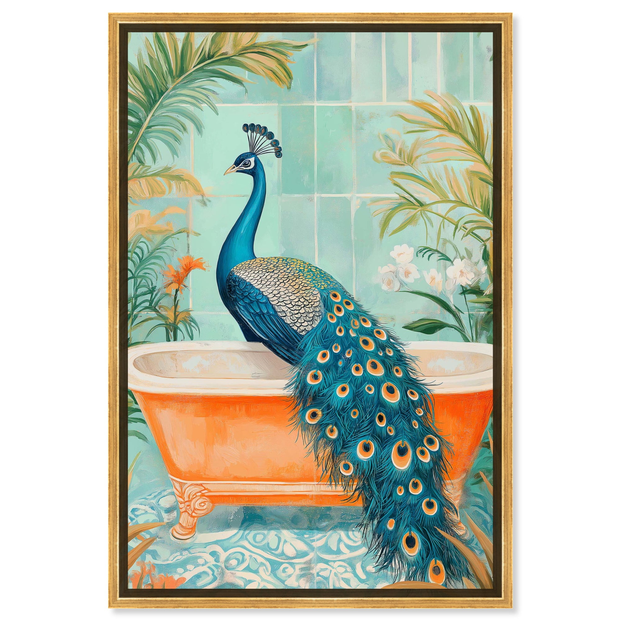 Elegant Peacock Bath Canvas Jungle Bathroom Art by Art Remedy, Gold ...