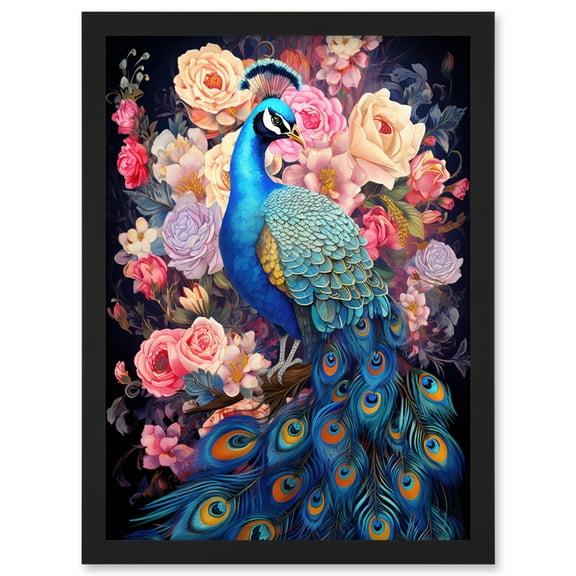 Elegant Peacock Bird with Rose Flower Blooms Vibrant Floral Blue Pink Orange Artwork Framed Wall Art Print A4