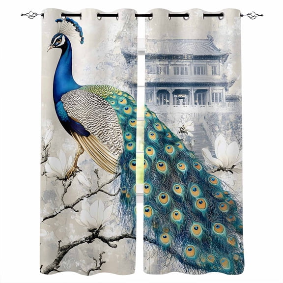 Elegant Peacock Blackout Curtains for Bedroom/Living Room, Thermal Insulated Kitchen Curtains, Vintage Attic Magnificent Feathers Grommet Darkening Window Treatment Drapes 42"x63"x2