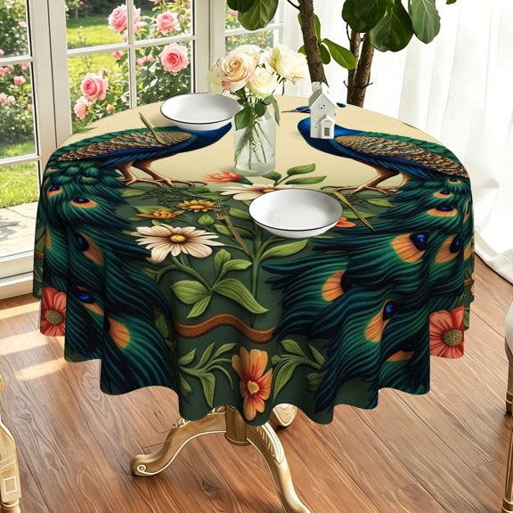 Elegant Peacock Botanical Flower Print Round Tablecloth, Spring Garden Holiday Dining Decor, Thanksgiving & Christmas Table Cover Gift