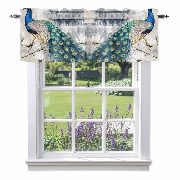Elegant Peacock Kitchen Curtain Valances for Windows Farmhouse Short Curtains, Vintage Attic Magnificent Feathers Rod Pocket Valance Curtain for Bedroom Cafe Living Room