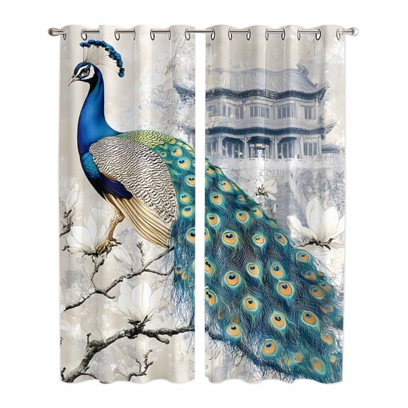 Elegant Peacock Kitchen Curtains 84 Inch Length, Vintage Attic Magnificent Feathers Grommet Top Bedroom Living Room Curtains, Light Filtering Cafe Curtain Drapes 2 Panels Set 84''x84''