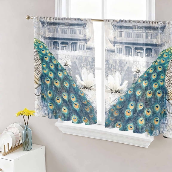 Elegant Peacock Semi Sheer Curtains 54 Inch Length 2 Panels Set, Vintage Attic Magnificent Feathers Sheer Kitchen Curtain Privacy Voile Window Curtain for Living Room Bedroom Rod Pocket Drapes