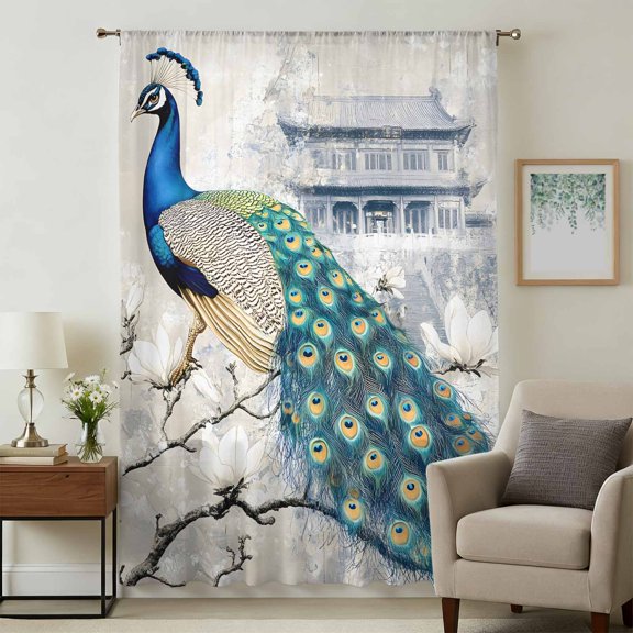 Elegant Peacock Sheer Curtains 54 Inches Long, Vintage Attic Magnificent Feathers Light Filering Curtains, Breathable Simi Curtain Privacy Drapes for Kitchen Bathroom Small Window Treatment