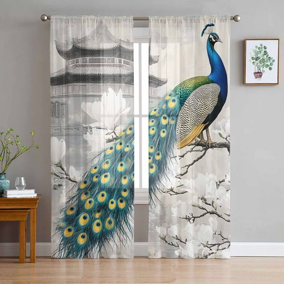 Elegant Peacock Sheer Curtains 72 Inches Long 2 Panels Set, Window Sheer Curtains for Living Room/Bedroom, Watercolor Feather Attic Retro Light Filtering Rod Pocket Curtain 52'' x 72'' x 2