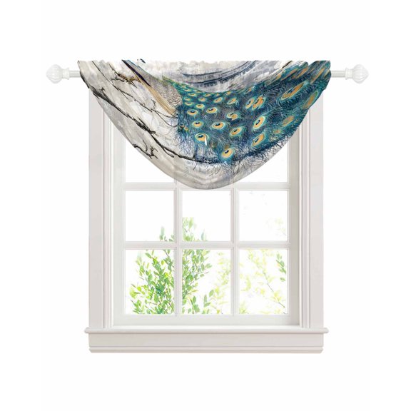 Elegant Peacock Sheer Waterfall Valance Curtains for Window, Vintage Attic Magnificent Feathers Rod Pocket Sheer Topper Swag Curtains for Living Room, Kitchen 38.5"W x 47.2"L, 1 Panel