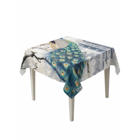 Elegant Peacock Table Cloth, Vintage Attic Magnificent Feathers Waterproof Tablecloth for Square Tables, Reusable Washable Fabric Table Cover for Restaurant Kitchen Dining Tables 60"x60"