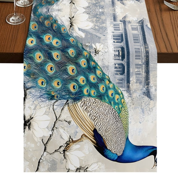 Elegant Peacock Table Runner 36 Inches Long, Cotton Linen Table Runner Dresser Scarf, Vintage Attic Magnificent Feathers Short Fabric Tablerunners for Dining Tables Wedding Holiday Party 13"x36"
