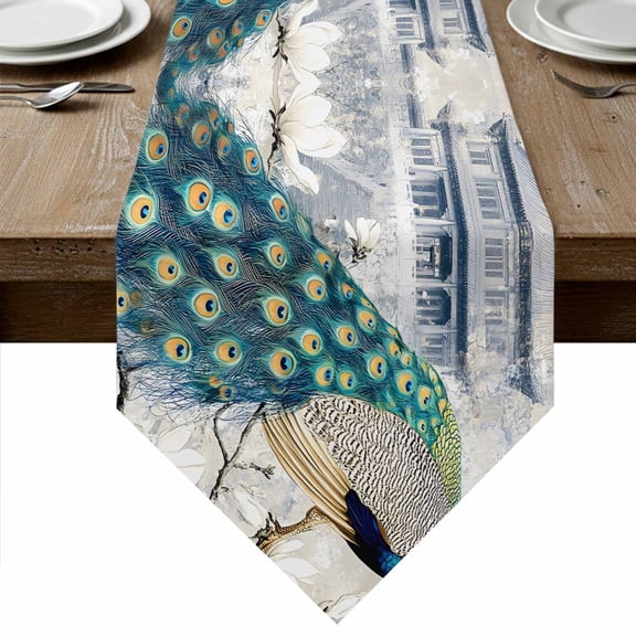 Elegant Peacock Table Runner Linen Burlap Table Runner 48 Inches Long Vintage Attic Magnificent Feathers Dresser Scarves for Kitchen Island Coffee Dining Party Wedding Banquet Holiday Decor 13"x48"