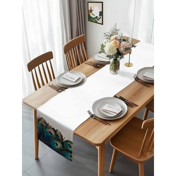 Elegant Peacock Tail Feathers Table Runner 13x70in Non-Slip Cotton Linen Table Runners, Vintage Blue Black Eye Dresser Scarves TableRunner for Dinner Kitchen Dining Wedding Party