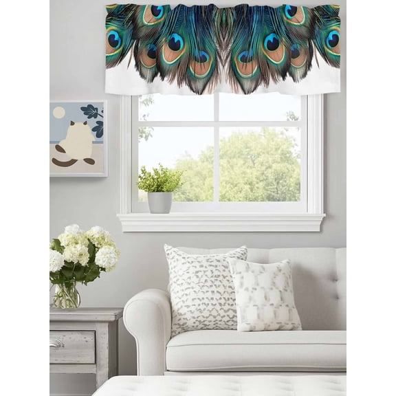 Elegant Peacock Tail Feathers Valances for Windows,Rod Pocket Valance for Kitchen Bedroom Bathroom Living Room, Vintage Blue Black Eye Window Valance Curtain Short Curtains 60x18in