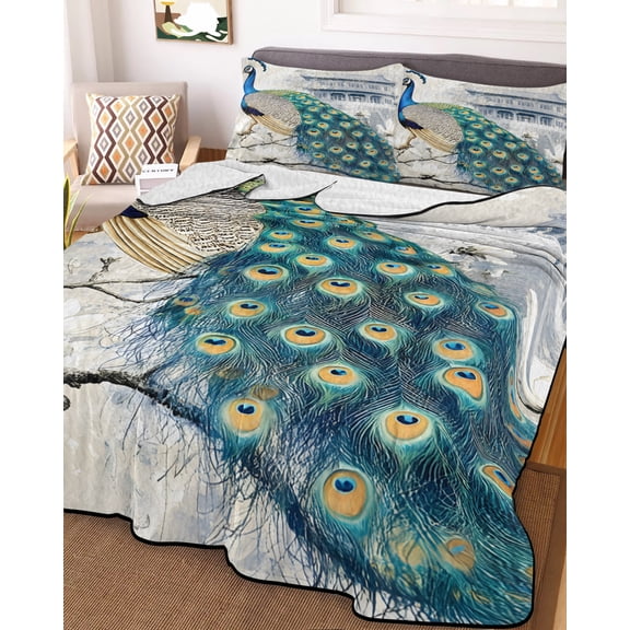 Elegant Peacock Twin Size Down Alternative Comforter, Lightweight Comforter Quilt Bedding Set with Pillow Shams Vintage Attic Magnificent Feathers All Seasons Bed Comforter Duvet Insert 68"x86"