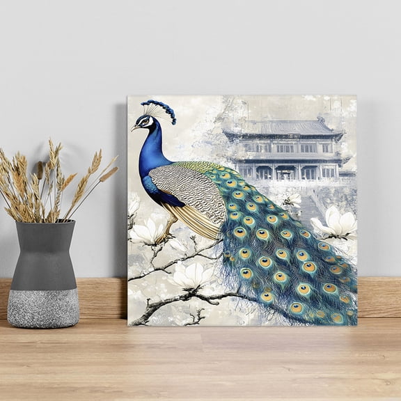 Elegant Peacock Wall Art Painting on Canvas, Vintage Attic Magnificent Feathers Canvas Art Home Prints Wall Art Framed Modern Artwork for Living Room Bedroom Wall Decor 8x8in