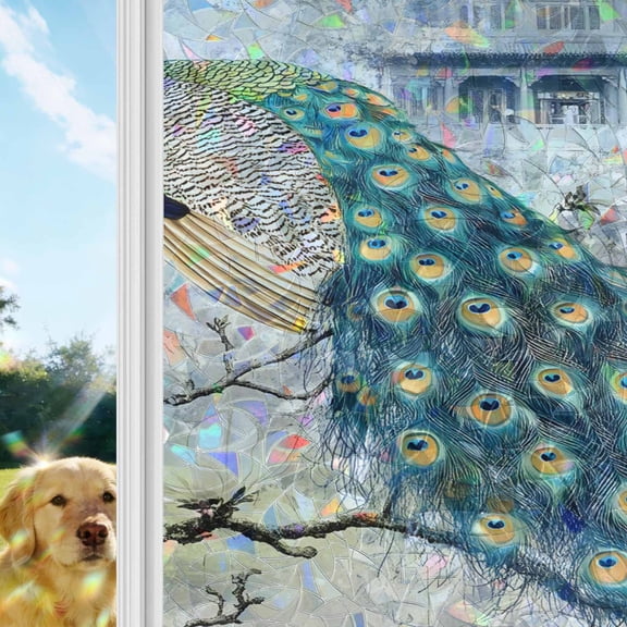 Elegant Peacock Window Privacy Film Stain Glass,Reusable Decorative Rainbow Window Film,Vintage Attic Magnificent Feathers Static Cling Sun Blocking Stickers Decals Covers 19.6" x 39.3" (2pcs)
