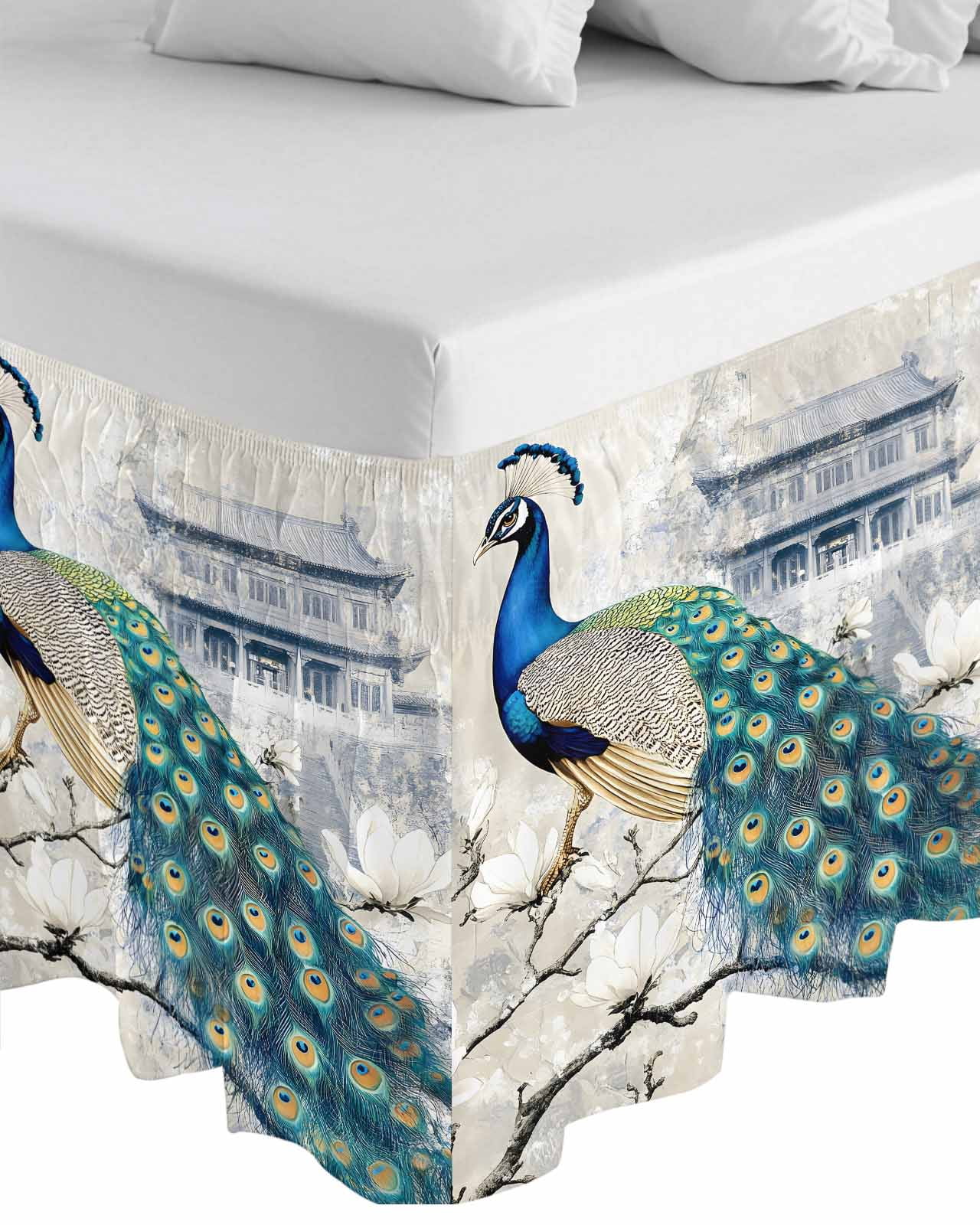 Elegant Peacock Wrap Around Bed Skirts for Queen Bed 16" Drop,Bed Skirt with Adjustable Elastic Belt Dust Ruffle Bed Valance for Bedroom Hotel Vintage Attic Magnificent Feathers Bed Frame Cover