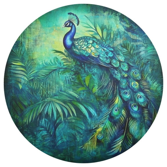 Elegant Peacock in Green 15.4in Diameter PVC Plate Mat, Heat-Resistant and Cuttable, Kitchen Decor