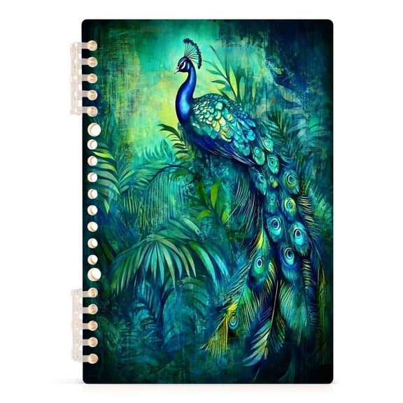 Elegant Peacock in Green A5 8.3x5.7in PP Notebook, Adjustable Rings, 60 Sheets, Diary or Journey Note