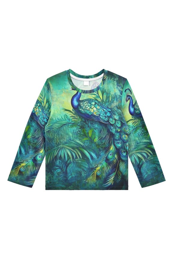 Elegant Peacock in Green Boys' Rash Guard Shirts UPF 50 Plus Sun Protection Short Sleeve Swim Tees 3T