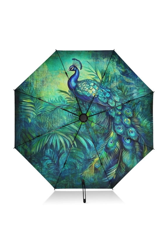 Elegant Peacock in Green Extra Large Automatic Umbrella, UV Protection, Waterproof, Auto Open and Close