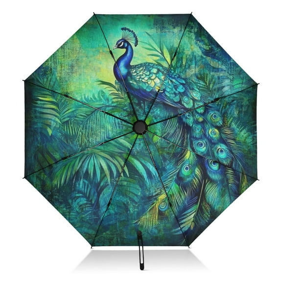 Elegant Peacock in Green Extra Large Automatic Umbrella, UV Protection, Waterproof, Auto Open and Close