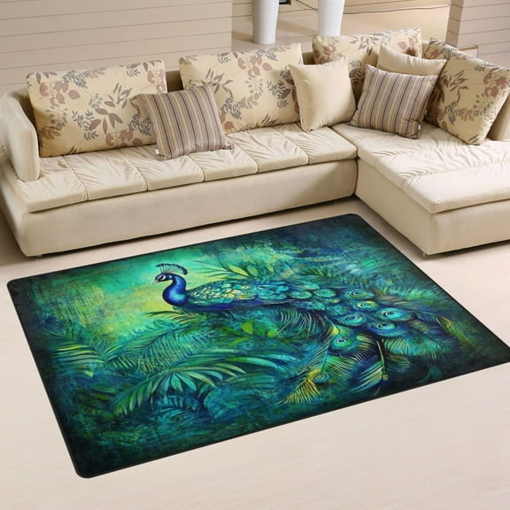 Elegant Peacock in Green Soft Polyester Area Rug 31''x20'', Non Slip, Memory Foam, Water Absorbent