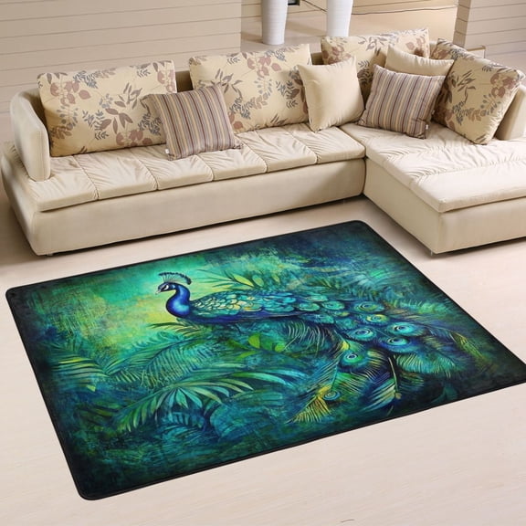 Elegant Peacock in Green Soft Polyester Area Rug 36''x24'', Non Slip, Memory Foam, Water Absorbent