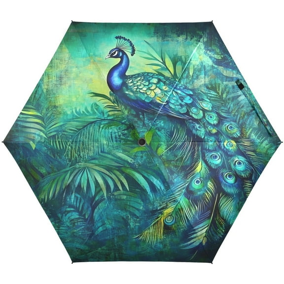 Elegant Peacock in Green Umbrellas for Sun Auto Open Close UV50+ Waterproof 5-Fold Compact Fiberglass Frame