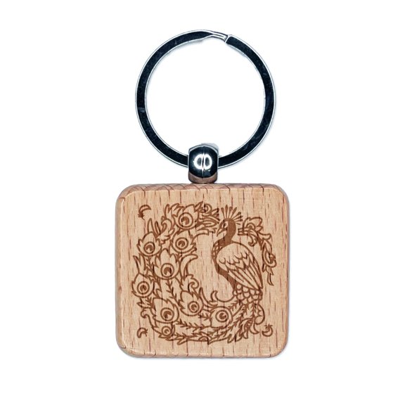 Elegant Peacock with Flowing Tail Feathers Square Keychain Charm Tag - Engraved Wood