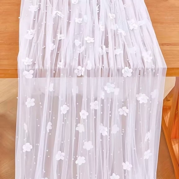 Elegant Pearl Beaded Floral Tulle Table Runner for Weddings and Events - 70x180cm & 70x300cm